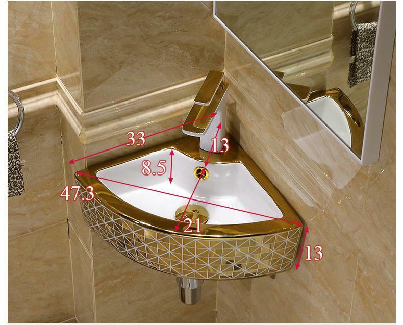 InArt Ceramic Corner Wall Hanging /Wall Mount/Counter Top Wash Basin Bathroom Sink For Lavatory Golden White Color 33 x 33 x 13 Cm - InArt-Studio-USA