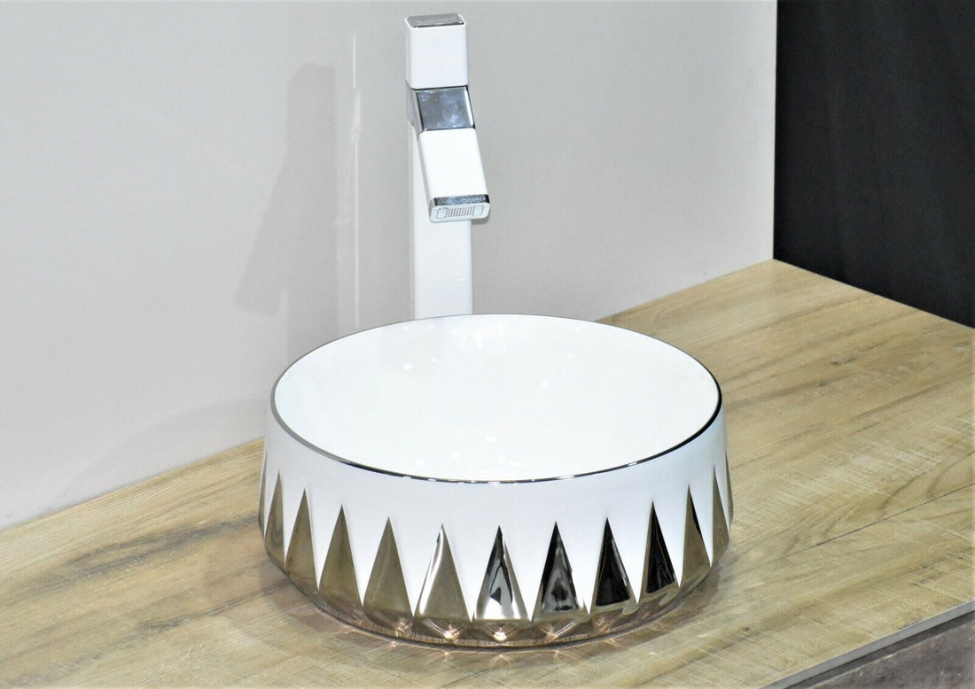 InArt Ceramic Oval Shape Above Counter Top Wash Basin Bathroom Porcelain Vessel Sink Bowl For Lavatory/Bathroom 36 x 36 x 14 Cm (Gold White) - InArt-Studio-USA