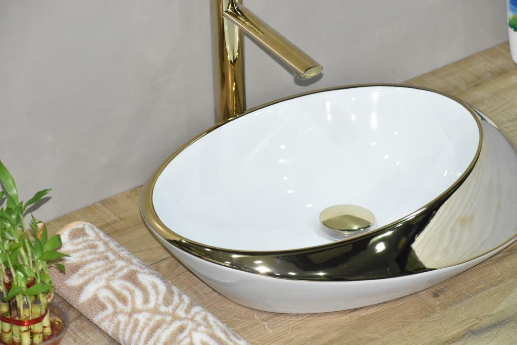 InArt Ceramic Oval Shape Above Counter Top Wash Basin Bathroom Porcelain Vessel Sink Bowl For Lavatory/Bathroom 38 x 52 x 15 Cm ( Gold White) - InArt-Studio-USA