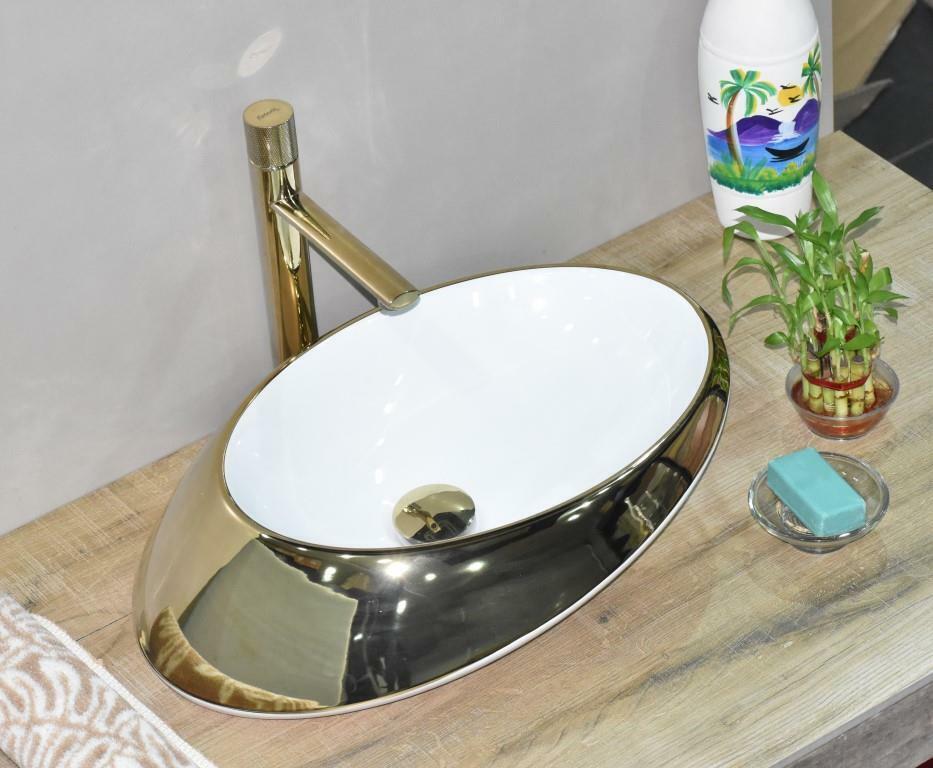 InArt Ceramic Oval Shape Above Counter Top Wash Basin Bathroom Porcelain Vessel Sink Bowl For Lavatory/Bathroom 38 x 52 x 15 Cm ( Gold White) - InArt-Studio-USA
