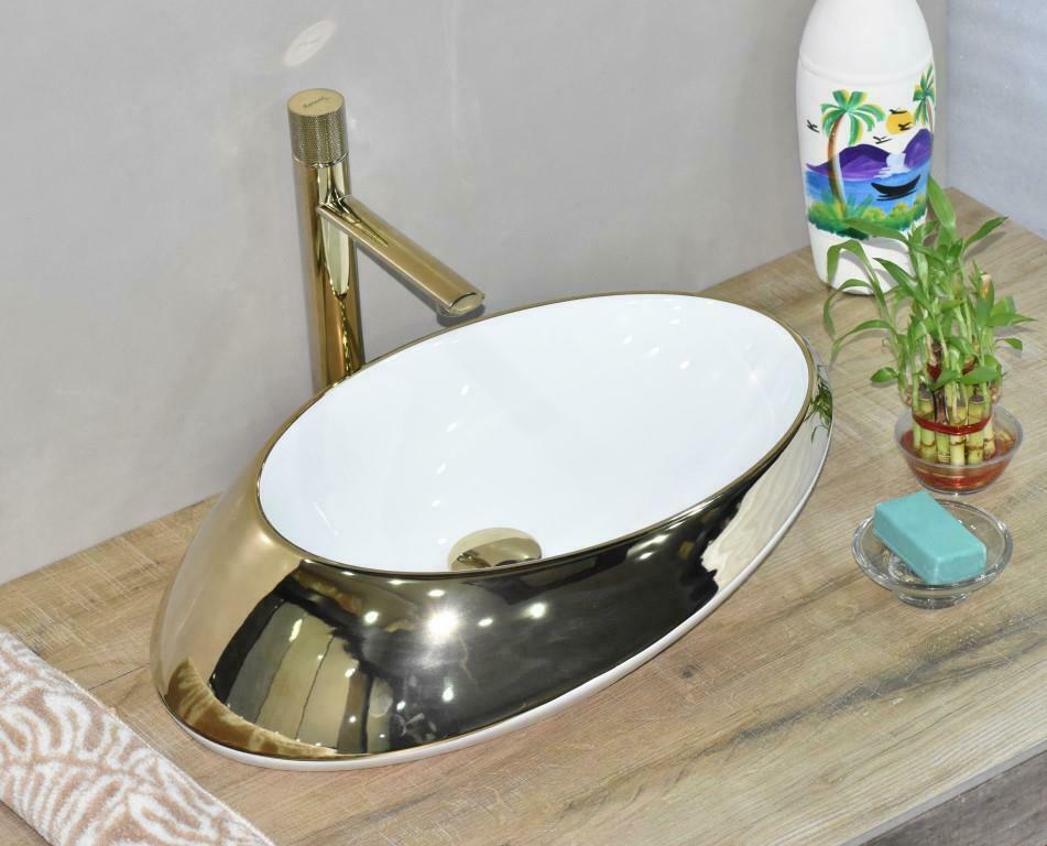 InArt Ceramic Oval Shape Above Counter Top Wash Basin Bathroom Porcelain Vessel Sink Bowl For Lavatory/Bathroom 38 x 52 x 15 Cm ( Gold White) - InArt-Studio-USA