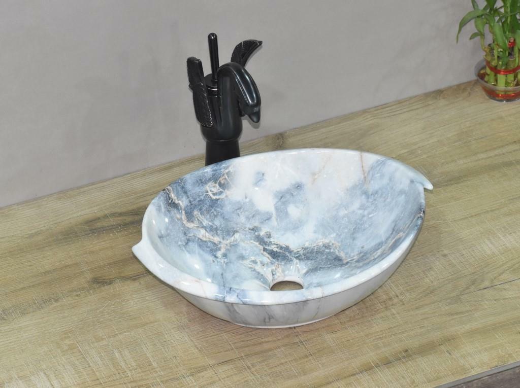 InArt Ceramic Oval Shape Above Counter Top Wash Basin Bathroom Porcelain Vessel Sink Bowl For Lavatory/Bathroom 40 x 40 x 15 Cm (Blue White) - InArt-Studio-USA