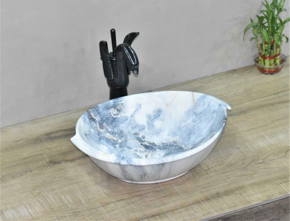 InArt Ceramic Oval Shape Above Counter Top Wash Basin Bathroom Porcelain Vessel Sink Bowl For Lavatory/Bathroom 40 x 40 x 15 Cm (Blue White) - InArt-Studio-USA