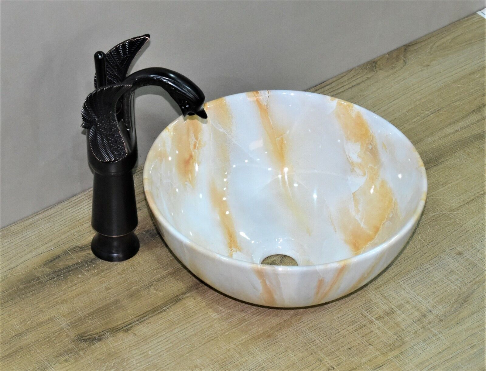InArt Ceramic Oval Shape Above Counter Top Wash Basin Bathroom Porcelain Vessel Sink Bowl For Lavatory/Bathroom 40 x 40 x 15 Cm ( Onyx Marble) - InArt-Studio-USA