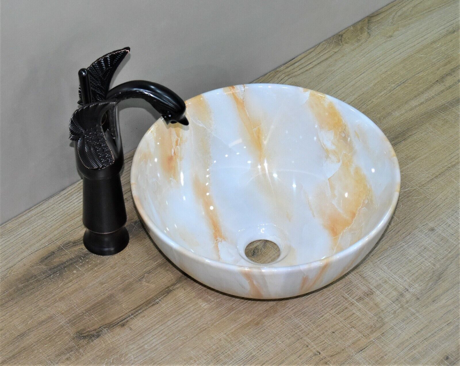 InArt Ceramic Oval Shape Above Counter Top Wash Basin Bathroom Porcelain Vessel Sink Bowl For Lavatory/Bathroom 40 x 40 x 15 Cm ( Onyx Marble) - InArt-Studio-USA