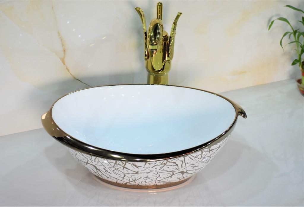 InArt Ceramic Oval Shape Above Counter Top Wash Basin Bathroom Porcelain Vessel Sink Bowl For Lavatory/Bathroom 41 x 30 x 12 Cm (Gold White) - InArt-Studio-USA