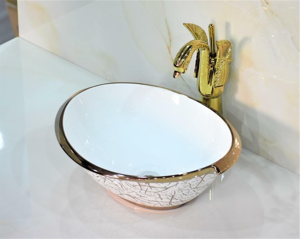 InArt Ceramic Oval Shape Above Counter Top Wash Basin Bathroom Porcelain Vessel Sink Bowl For Lavatory/Bathroom 41 x 30 x 12 Cm (Gold White) - InArt-Studio-USA