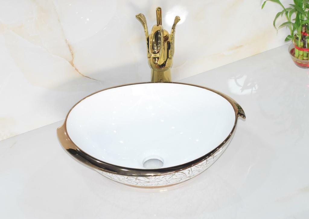 InArt Ceramic Oval Shape Above Counter Top Wash Basin Bathroom Porcelain Vessel Sink Bowl For Lavatory/Bathroom 41 x 30 x 12 Cm (Gold White) - InArt-Studio-USA
