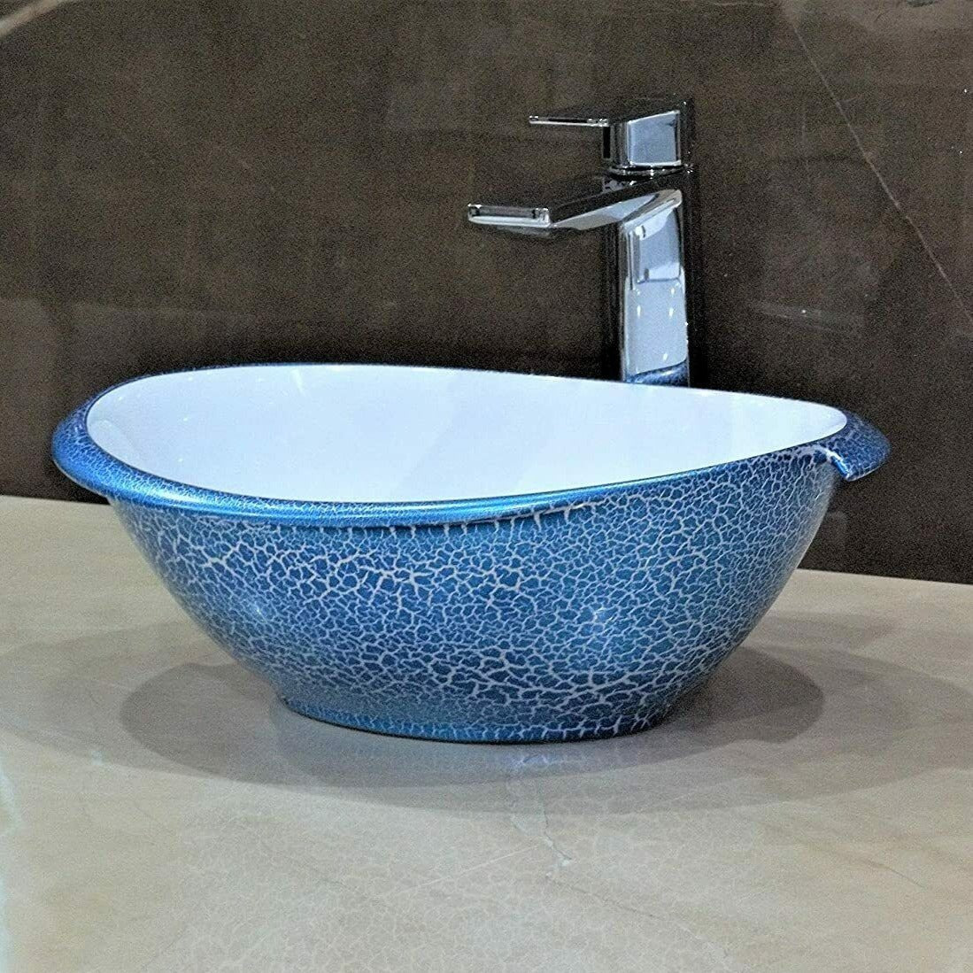 InArt Ceramic Oval Shape Above Counter Top Wash Basin Bathroom Porcelain Vessel Sink Bowl For Lavatory/Bathroom 41 x 32 x 14 Cm (Blue White) - InArt-Studio-USA