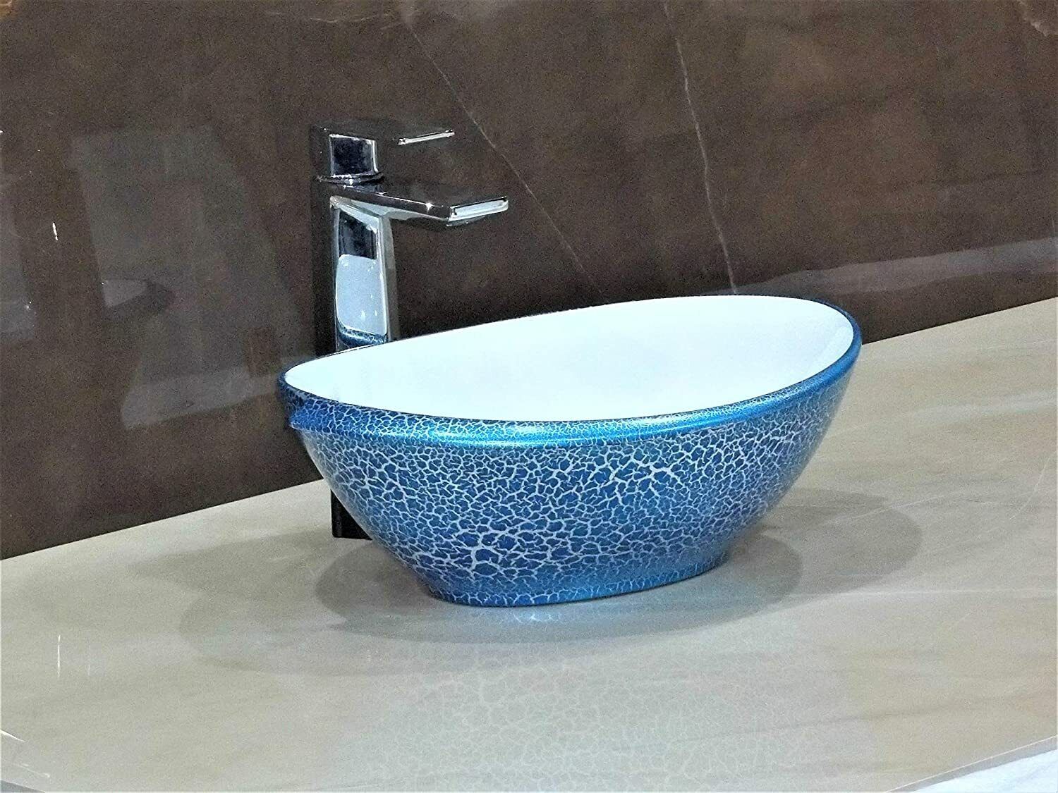 InArt Ceramic Oval Shape Above Counter Top Wash Basin Bathroom Porcelain Vessel Sink Bowl For Lavatory/Bathroom 41 x 32 x 14 Cm (Blue White) - InArt-Studio-USA