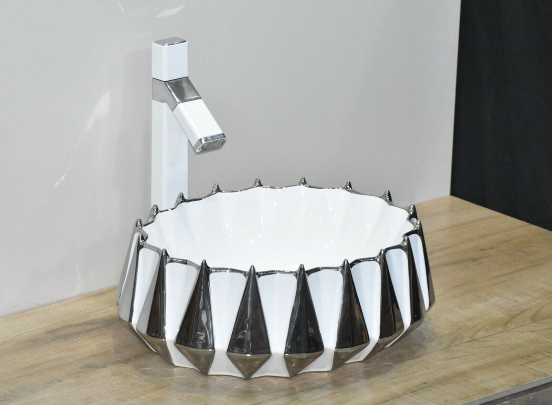 InArt Ceramic Oval Shape Above Counter Top Wash Basin Bathroom Porcelain Vessel Sink Bowl For Lavatory/Bathroom 42 x 38 x 18 Cm (Silver) - InArt-Studio-USA