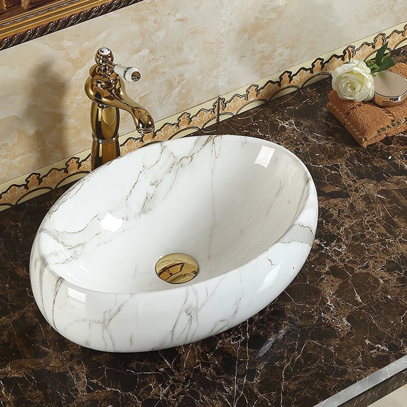 InArt Ceramic Oval Shape Above Counter Top Wash Basin Bathroom Porcelain Vessel Sink Bowl For Lavatory/Bathroom 48 x 34 x 14 Cm ( Marble White) - InArt-Studio-USA