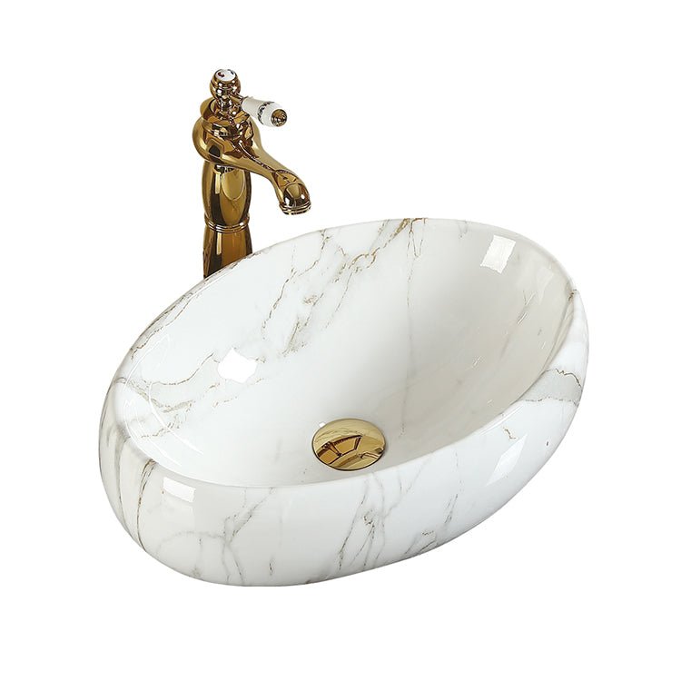 InArt Ceramic Oval Shape Above Counter Top Wash Basin Bathroom Porcelain Vessel Sink Bowl For Lavatory/Bathroom 48 x 34 x 14 Cm ( Marble White) - InArt-Studio-USA
