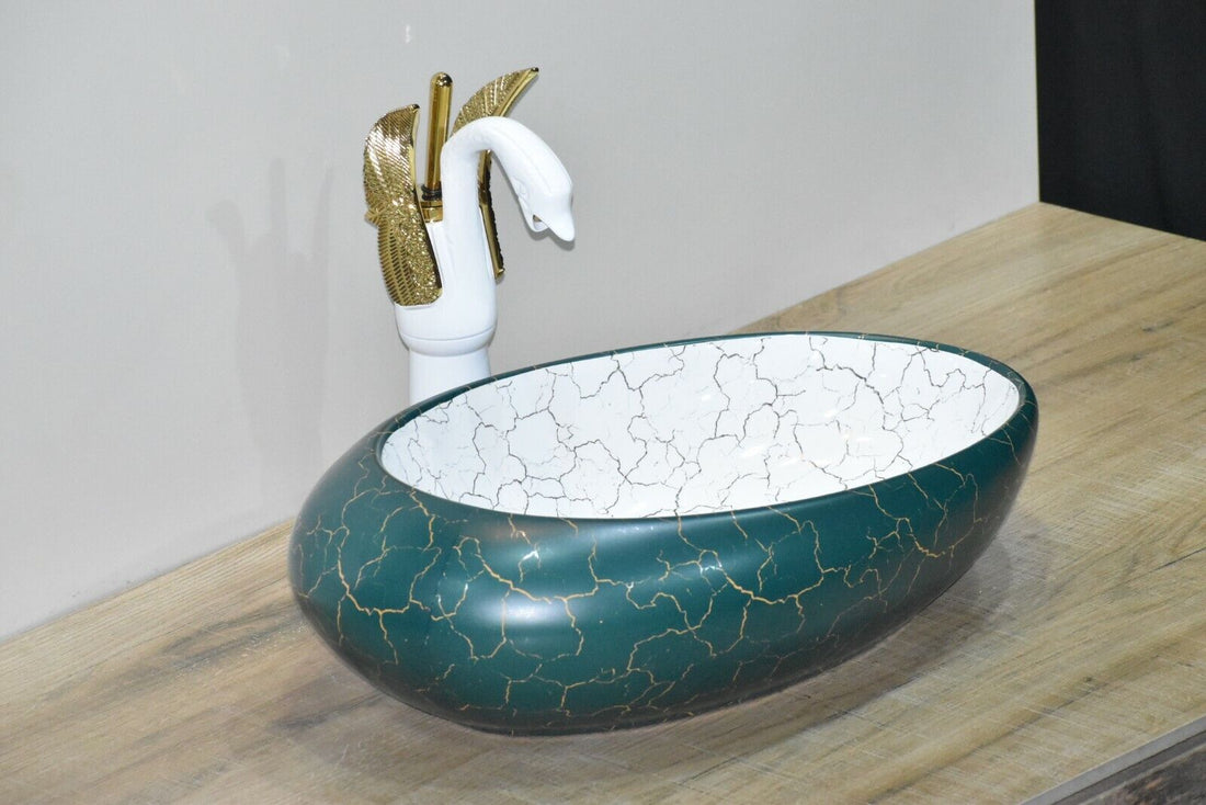InArt Ceramic Oval Shape Above Counter Top Wash Basin Bathroom Porcelain Vessel Sink Bowl For Lavatory/Bathroom 50 x 30 x 14 Cm (Green White) - InArt-Studio-USA