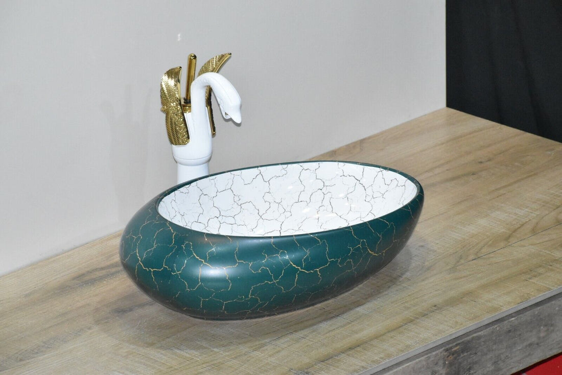 InArt Ceramic Oval Shape Above Counter Top Wash Basin Bathroom Porcelain Vessel Sink Bowl For Lavatory/Bathroom 50 x 30 x 14 Cm (Green White) - InArt-Studio-USA