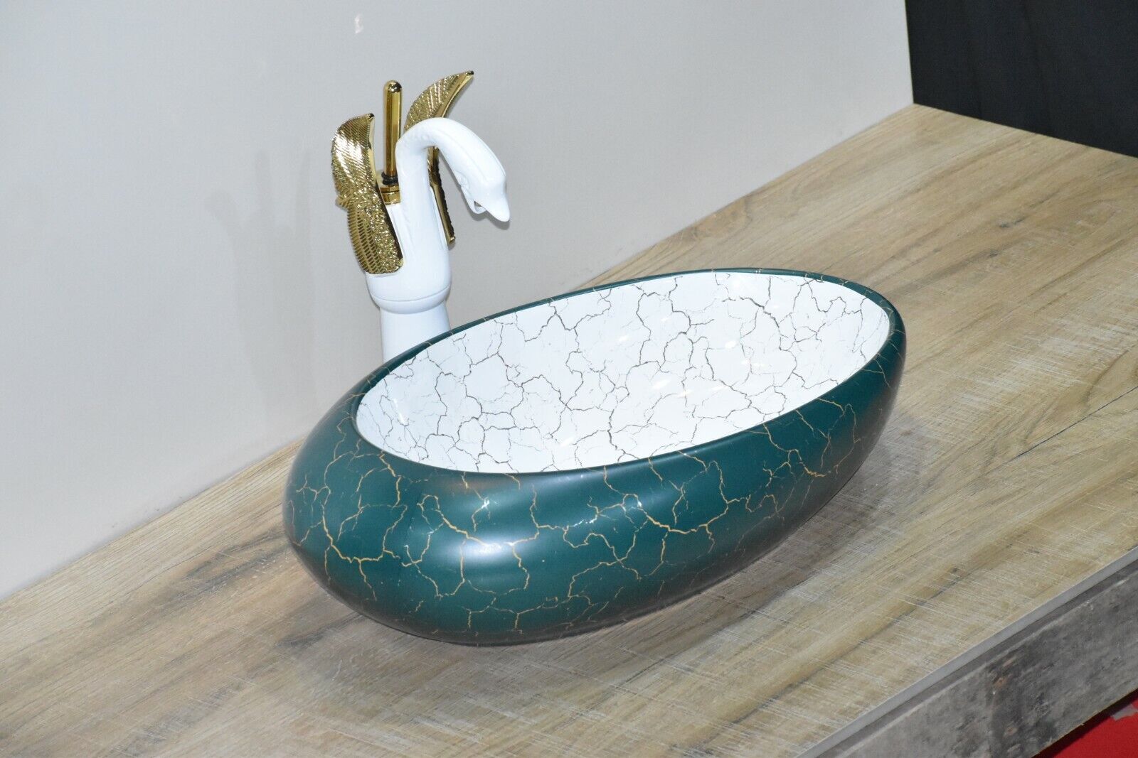 InArt Ceramic Oval Shape Above Counter Top Wash Basin Bathroom Porcelain Vessel Sink Bowl For Lavatory/Bathroom 50 x 30 x 14 Cm (Green White) - InArt-Studio-USA