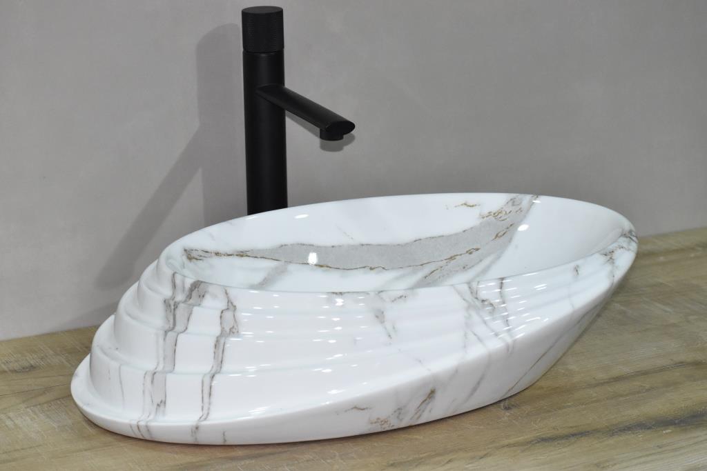InArt Ceramic Oval Shape Above Counter Top Wash Basin Bathroom Porcelain Vessel Sink Bowl For Lavatory/Bathroom 52 x 38 x 15 Cm ( Grey Marble) - InArt-Studio-USA