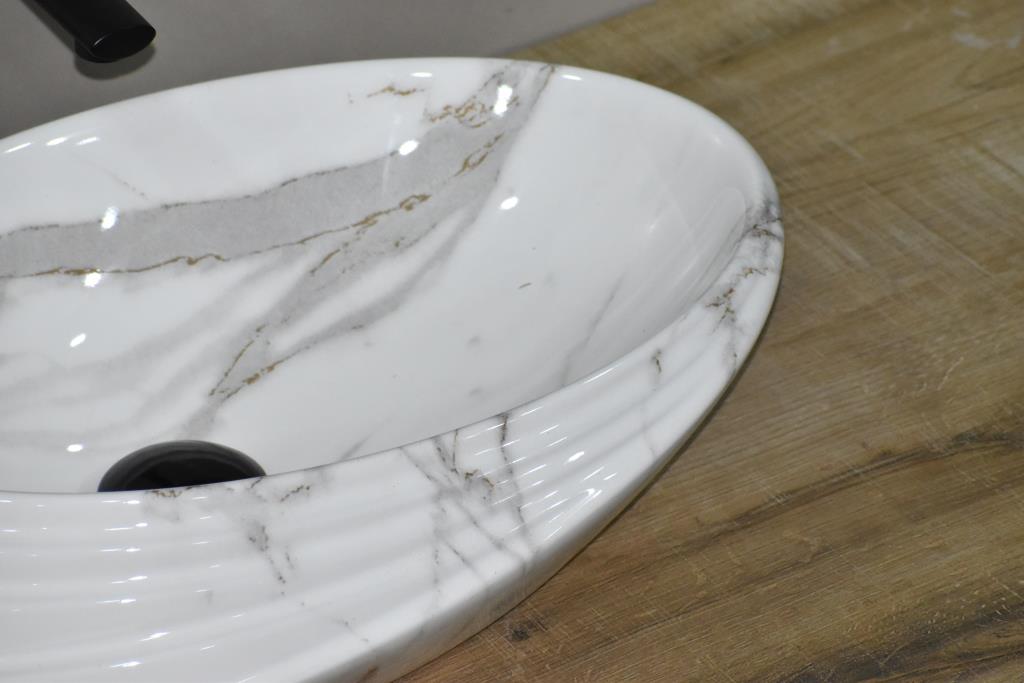 InArt Ceramic Oval Shape Above Counter Top Wash Basin Bathroom Porcelain Vessel Sink Bowl For Lavatory/Bathroom 52 x 38 x 15 Cm ( Grey Marble) - InArt-Studio-USA