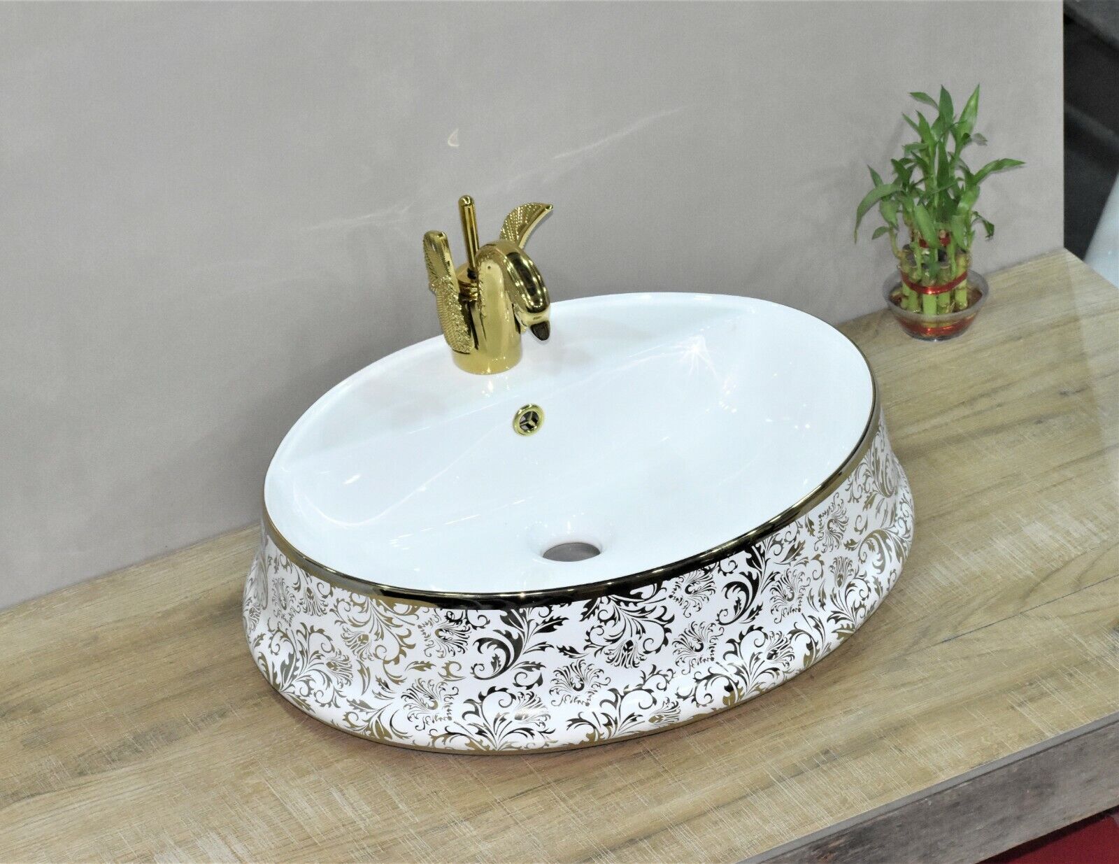 InArt Ceramic Oval Shape Above Counter Top Wash Basin Bathroom Porcelain Vessel Sink Bowl For Lavatory/Bathroom 56 x 44 x 15 Cm (Gold White) - InArt-Studio-USA