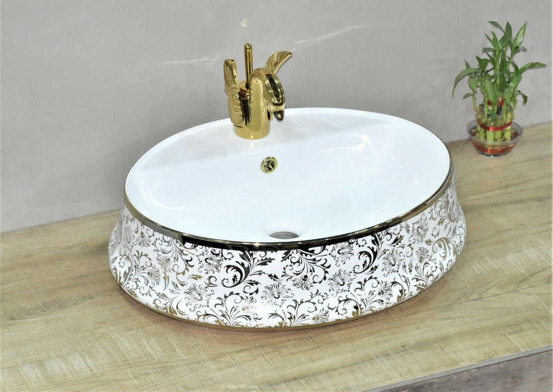 InArt Ceramic Oval Shape Above Counter Top Wash Basin Bathroom Porcelain Vessel Sink Bowl For Lavatory/Bathroom 56 x 44 x 15 Cm (Gold White) - InArt-Studio-USA