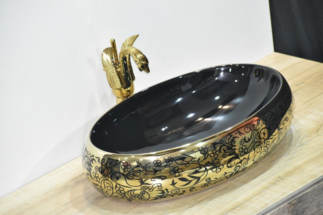 InArt Ceramic Oval Shape Above Counter Top Wash Basin Bathroom Porcelain Vessel Sink Bowl For Lavatory/Bathroom 60 x 40 x 15 Cm ( Black Gold) - InArt-Studio-USA