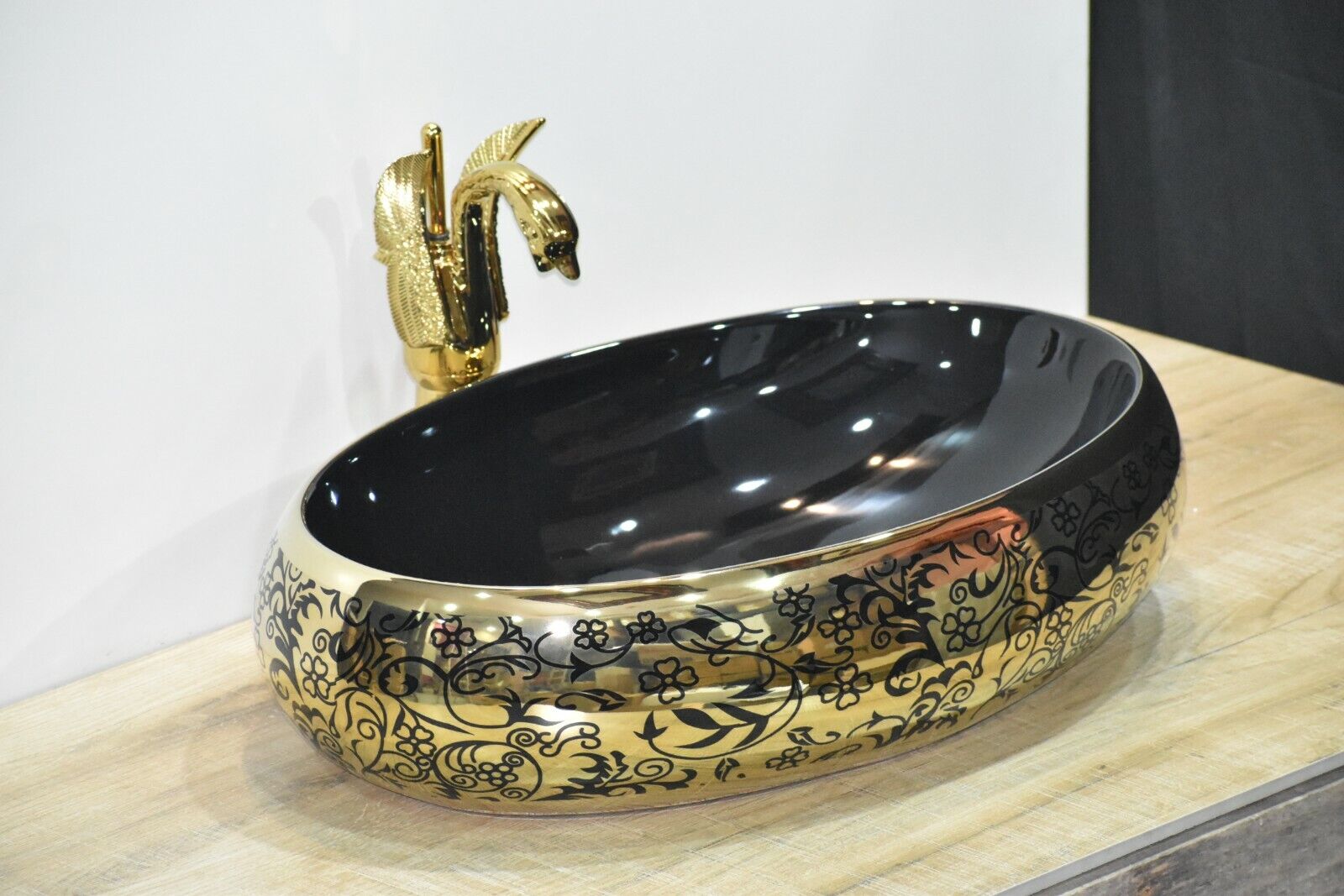 InArt Ceramic Oval Shape Above Counter Top Wash Basin Bathroom Porcelain Vessel Sink Bowl For Lavatory/Bathroom 60 x 40 x 15 Cm ( Black Gold) - InArt-Studio-USA