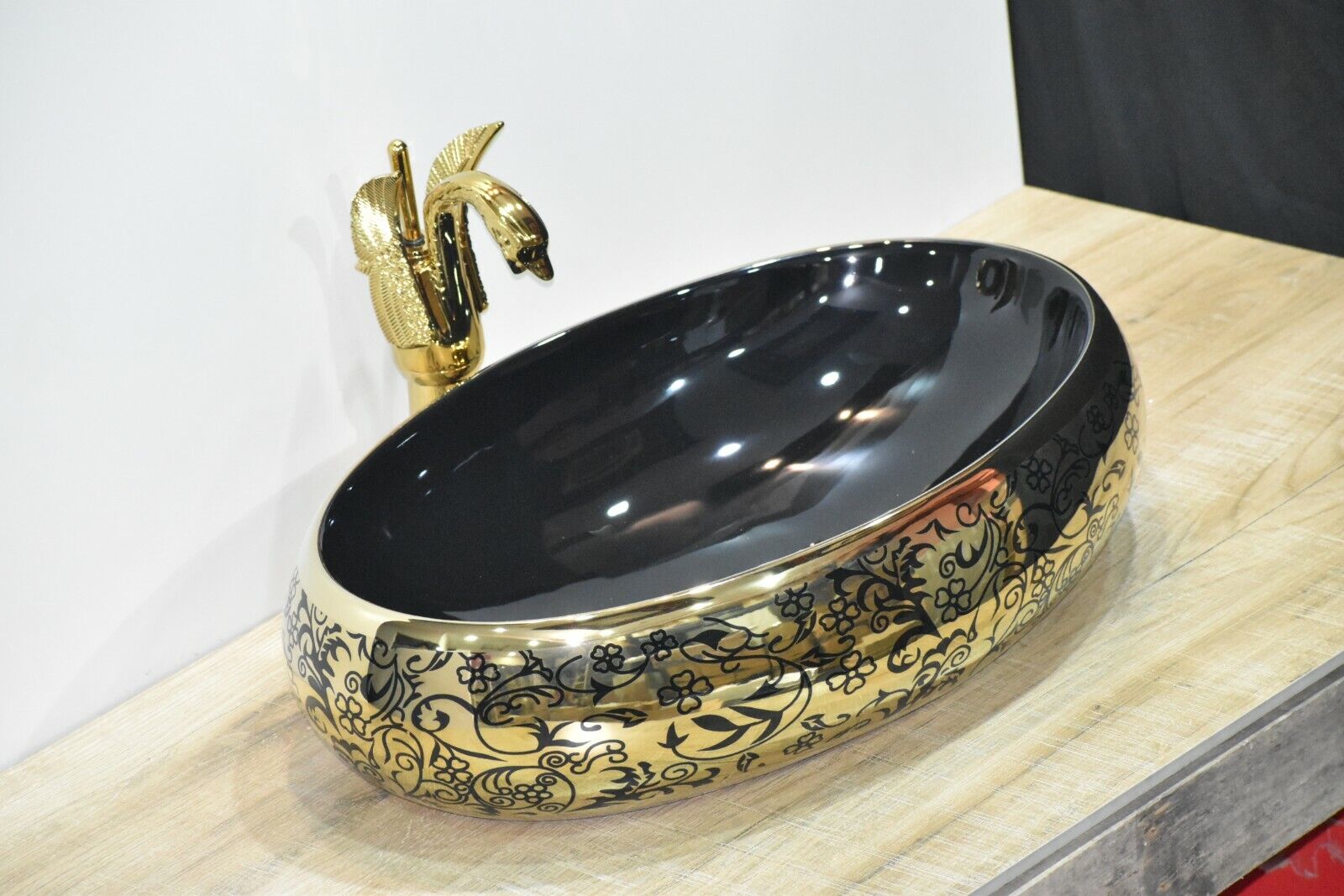 InArt Ceramic Oval Shape Above Counter Top Wash Basin Bathroom Porcelain Vessel Sink Bowl For Lavatory/Bathroom 60 x 40 x 15 Cm ( Black Gold) - InArt-Studio-USA
