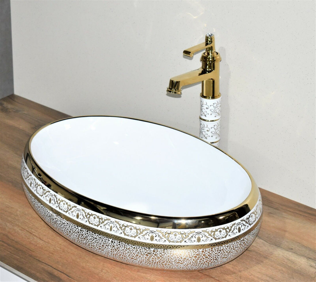 InArt Ceramic Oval Shape Above Counter Top Wash Basin Bathroom Porcelain Vessel Sink Bowl For Lavatory/Bathroom 60 x 40 x 15 Cm (Gold White) - InArt-Studio-USA