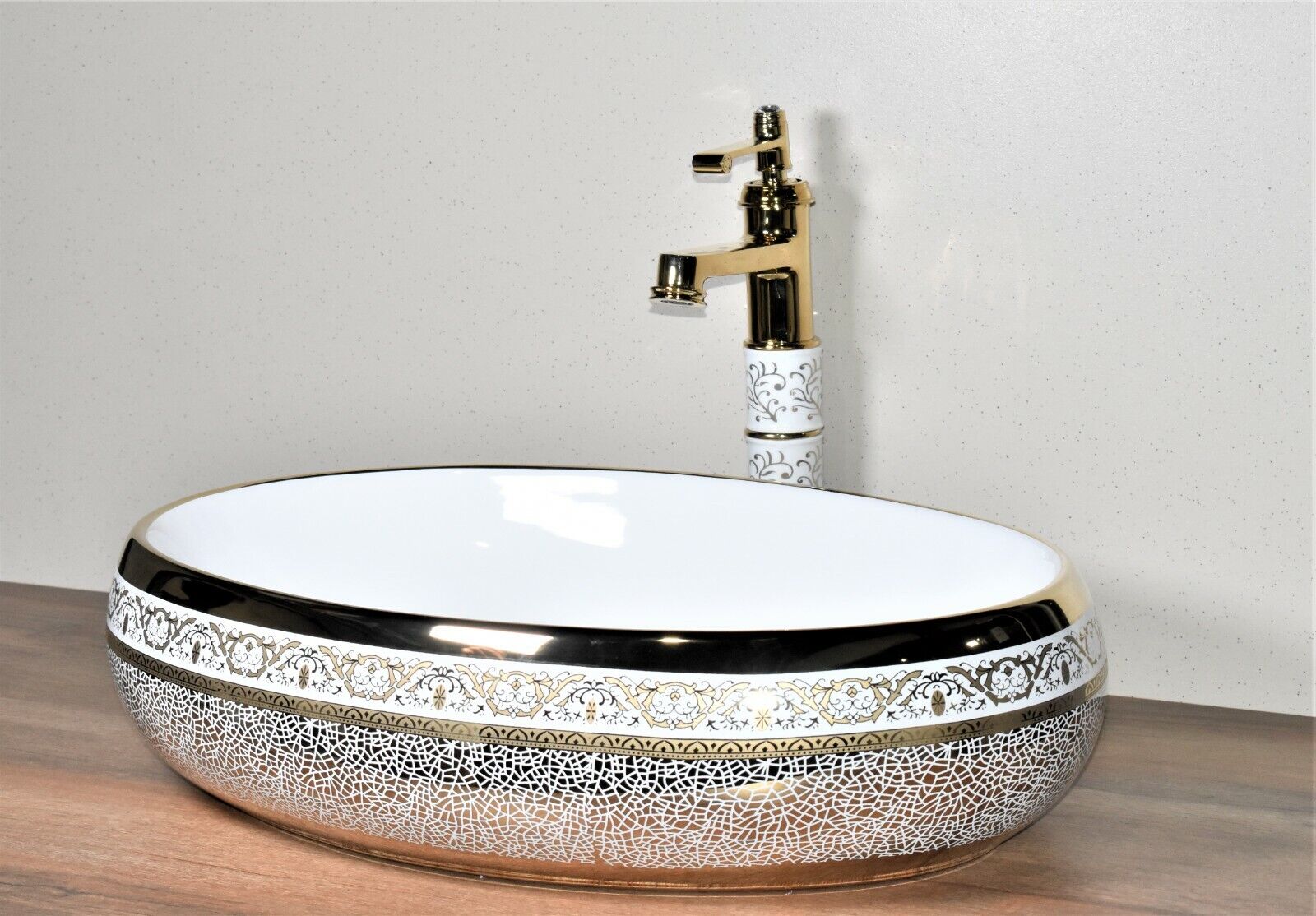 InArt Ceramic Oval Shape Above Counter Top Wash Basin Bathroom Porcelain Vessel Sink Bowl For Lavatory/Bathroom 60 x 40 x 15 Cm (Gold White) - InArt-Studio-USA