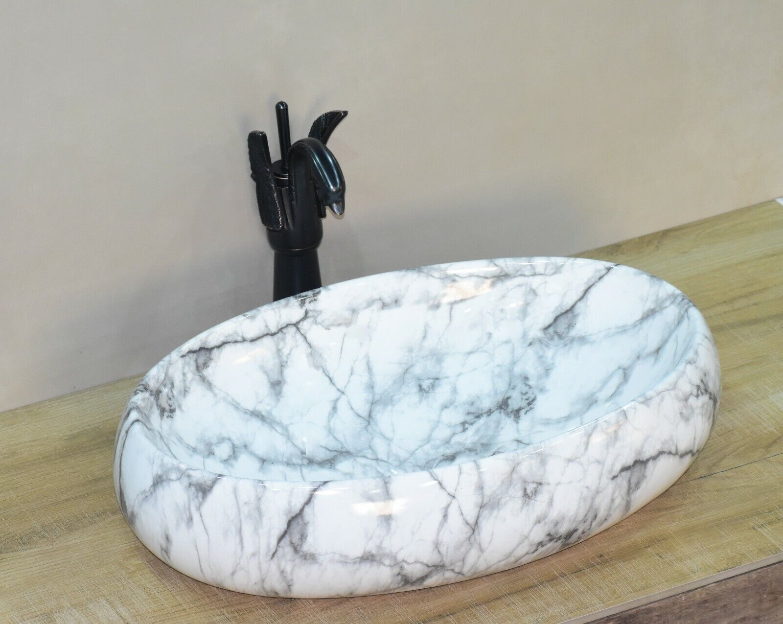InArt Ceramic Oval Shape Above Counter Top Wash Basin Bathroom Porcelain Vessel Sink Bowl For Lavatory/Bathroom 60 x 40 x 15 Cm ( White Marble) - InArt-Studio-USA