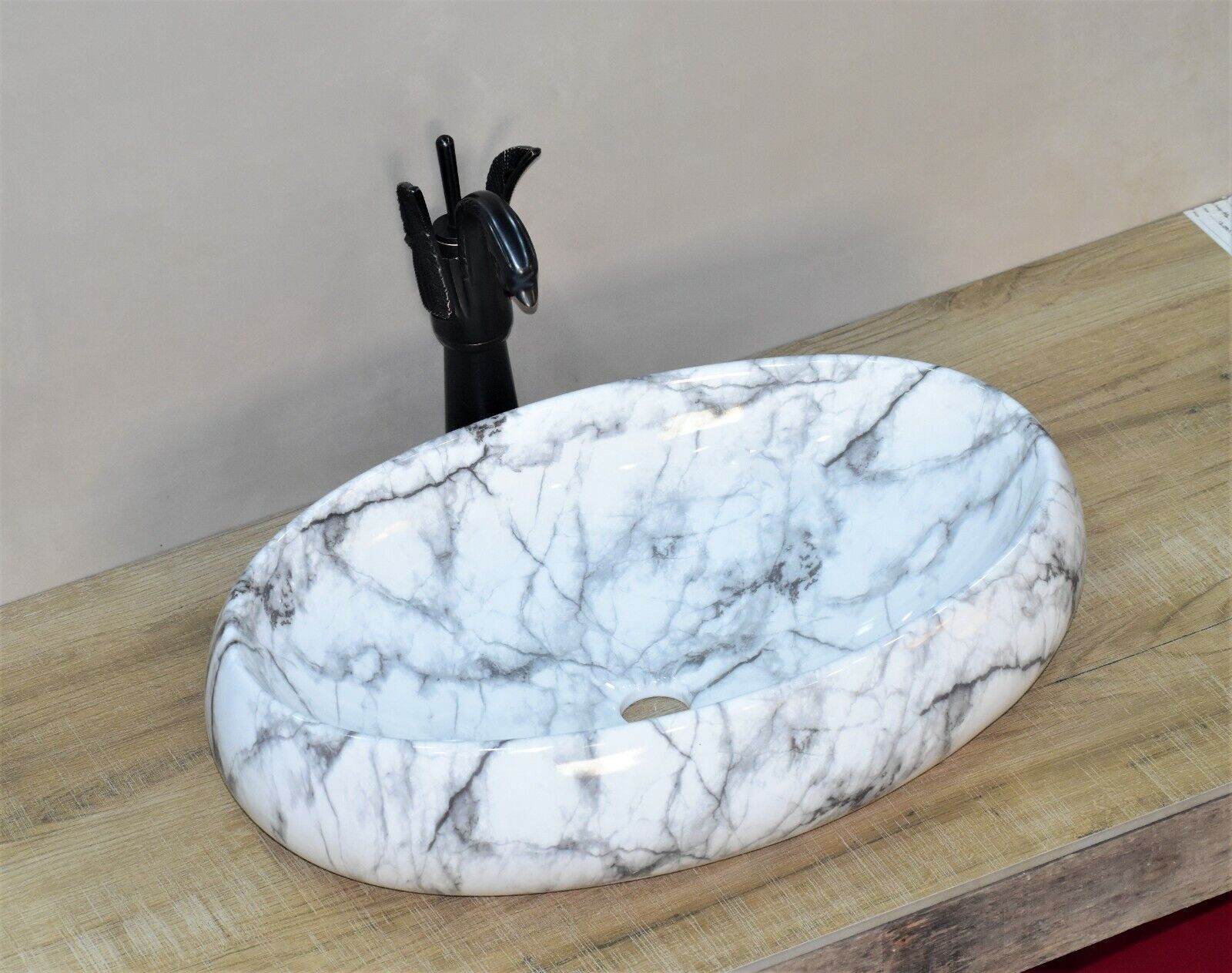 InArt Ceramic Oval Shape Above Counter Top Wash Basin Bathroom Porcelain Vessel Sink Bowl For Lavatory/Bathroom 60 x 40 x 15 Cm ( White Marble) - InArt-Studio-USA