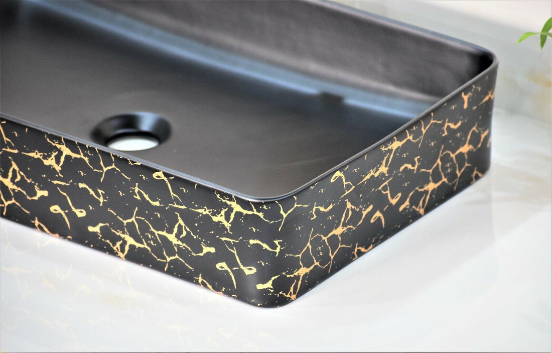 InArt Ceramic Oval Shape Above Counter Top Wash Basin Bathroom Porcelain Vessel Sink Bowl For Lavatory/Bathroom 61 x 33.5 x 11 Cm (Gold Black) - InArt-Studio-USA