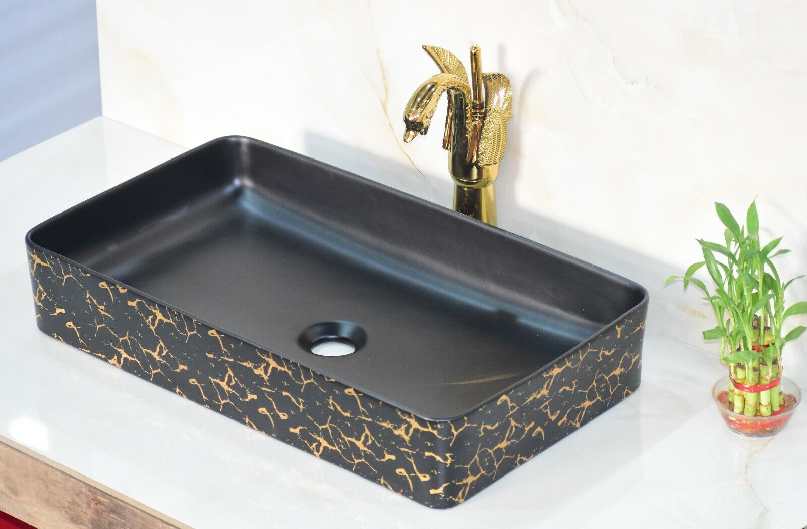 InArt Ceramic Oval Shape Above Counter Top Wash Basin Bathroom Porcelain Vessel Sink Bowl For Lavatory/Bathroom 61 x 33.5 x 11 Cm (Gold Black) - InArt-Studio-USA