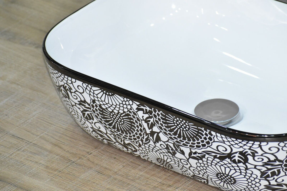 InArt Ceramic Rectangle Shape Above Counter Top Wash Basin Bathroom Porcelain Vessel Sink Bowl For Lavatory/Bathroom 45 x 32 x 13 Cm (Black White) - InArt-Studio-USA