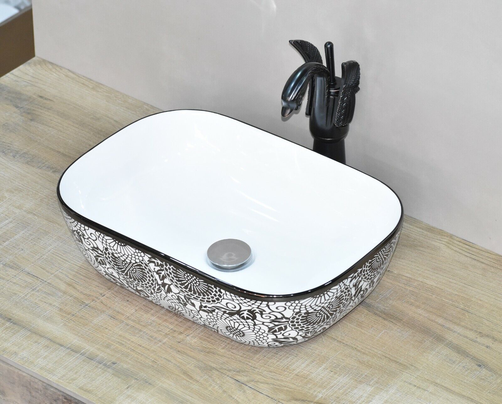 InArt Ceramic Rectangle Shape Above Counter Top Wash Basin Bathroom Porcelain Vessel Sink Bowl For Lavatory/Bathroom 45 x 32 x 13 Cm (Black White) - InArt-Studio-USA