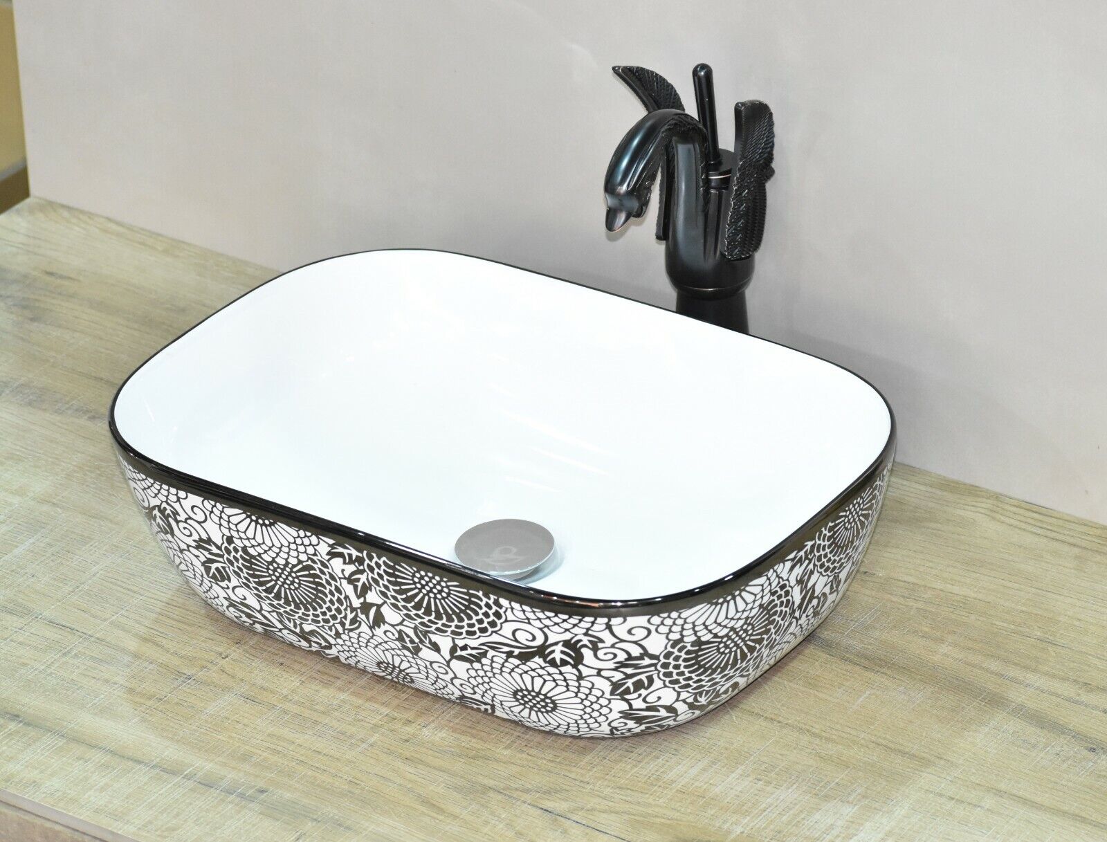 InArt Ceramic Rectangle Shape Above Counter Top Wash Basin Bathroom Porcelain Vessel Sink Bowl For Lavatory/Bathroom 45 x 32 x 13 Cm (Black White) - InArt-Studio-USA