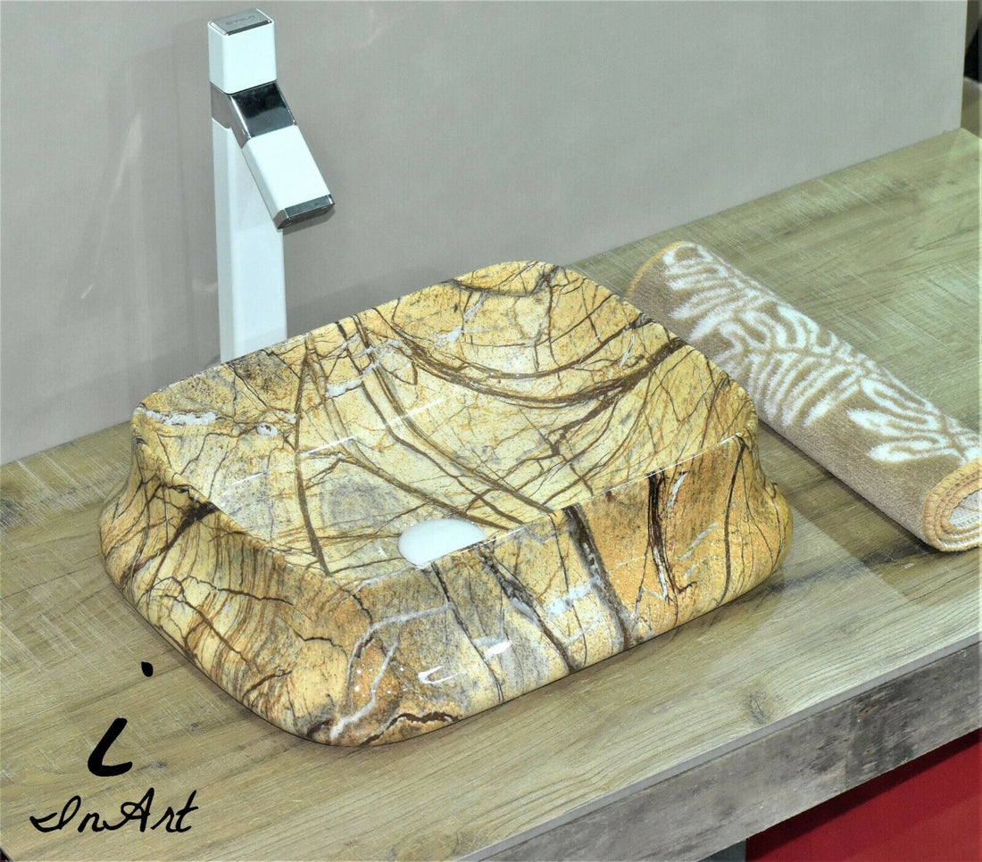 InArt Ceramic Rectangle Shape Above Counter Top Wash Basin Bathroom Porcelain Vessel Sink Bowl For Lavatory/Bathroom 46 x 36 x 13 Cm (Brown) - InArt-Studio-USA