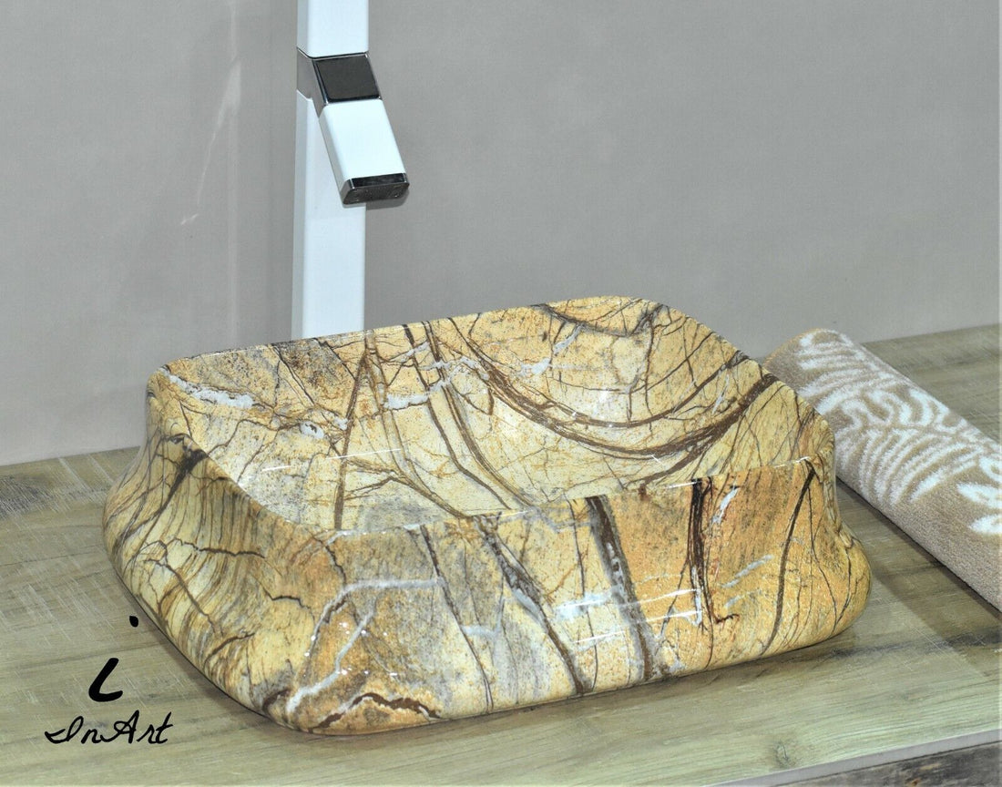 InArt Ceramic Rectangle Shape Above Counter Top Wash Basin Bathroom Porcelain Vessel Sink Bowl For Lavatory/Bathroom 46 x 36 x 13 Cm (Brown) - InArt-Studio-USA