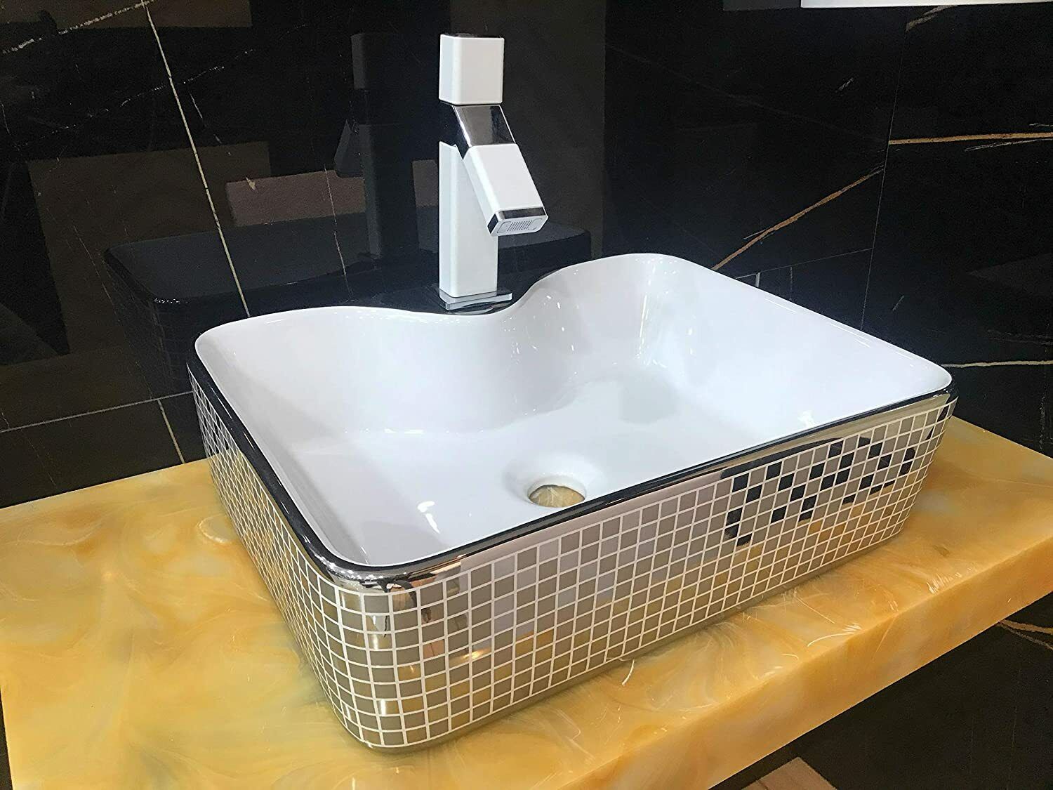 InArt Ceramic Rectangle Shape Above Counter Top Wash Basin Bathroom Porcelain Vessel Sink Bowl For Lavatory/Bathroom 48 x 37 x 13 Cm ( Silver White) - InArt-Studio-USA