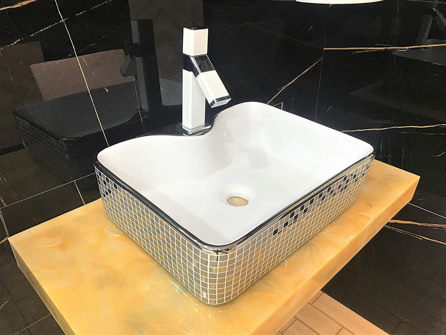 InArt Ceramic Rectangle Shape Above Counter Top Wash Basin Bathroom Porcelain Vessel Sink Bowl For Lavatory/Bathroom 48 x 37 x 13 Cm ( Silver White) - InArt-Studio-USA