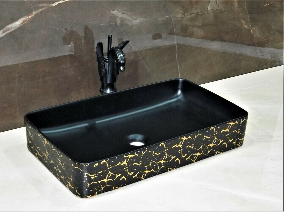 InArt Ceramic Rectangle Shape Above Counter Top Wash Basin Bathroom Porcelain Vessel Sink Bowl For Lavatory/Bathroom 61 x 36 x 12 Cm (Black) - InArt-Studio-USA