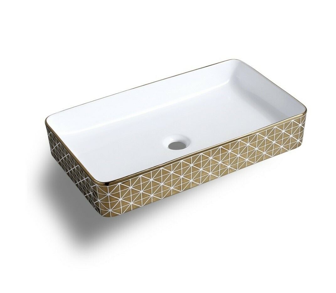 InArt Ceramic Rectangle Shape Above Counter Top Wash Basin Bathroom Porcelain Vessel Sink Bowl For Lavatory/Bathroom 63 x 36 x 12 CM (Gold White) - InArt-Studio-USA