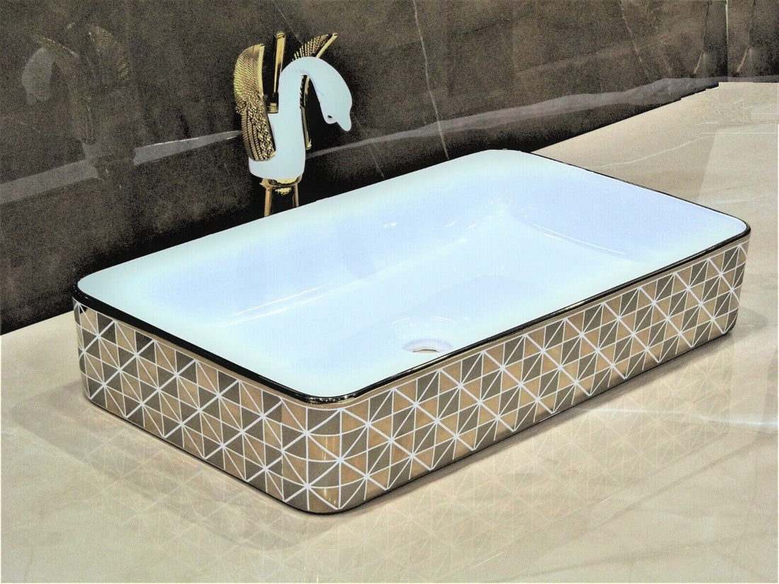 InArt Ceramic Rectangle Shape Above Counter Top Wash Basin Bathroom Porcelain Vessel Sink Bowl For Lavatory/Bathroom 63 x 36 x 12 CM (Gold White) - InArt-Studio-USA