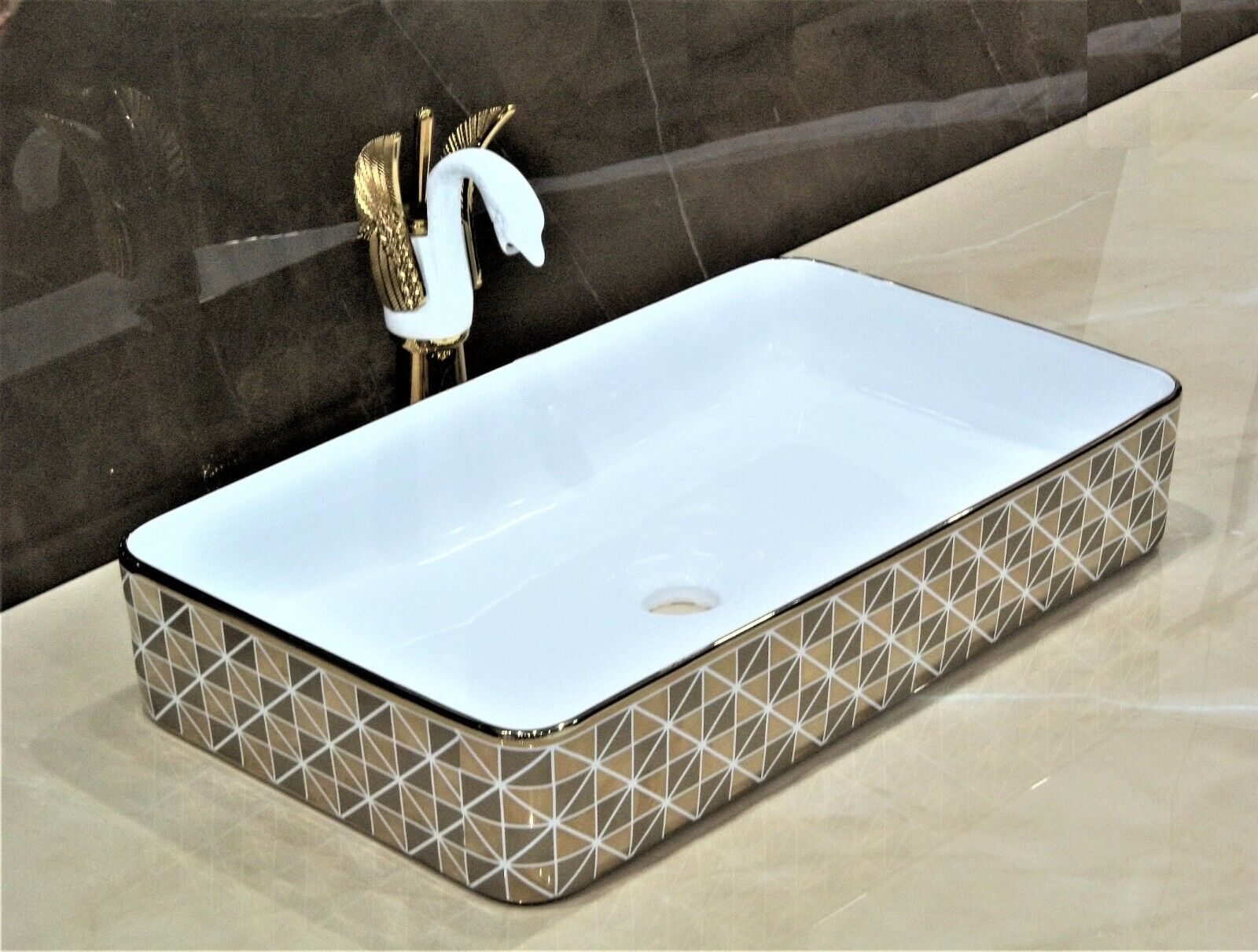 InArt Ceramic Rectangle Shape Above Counter Top Wash Basin Bathroom Porcelain Vessel Sink Bowl For Lavatory/Bathroom 63 x 36 x 12 CM (Gold White) - InArt-Studio-USA
