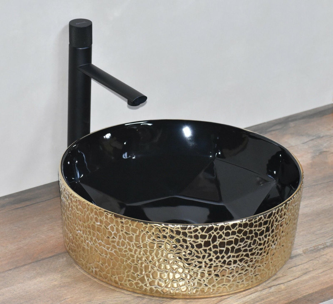 InArt Ceramic Round Shape Above Counter Top Wash Basin Bathroom Porcelain Vessel Sink Bowl For Lavatory/Bathroom 33 x 33 x 12 Cm Gold Black Color - InArt-Studio-USA