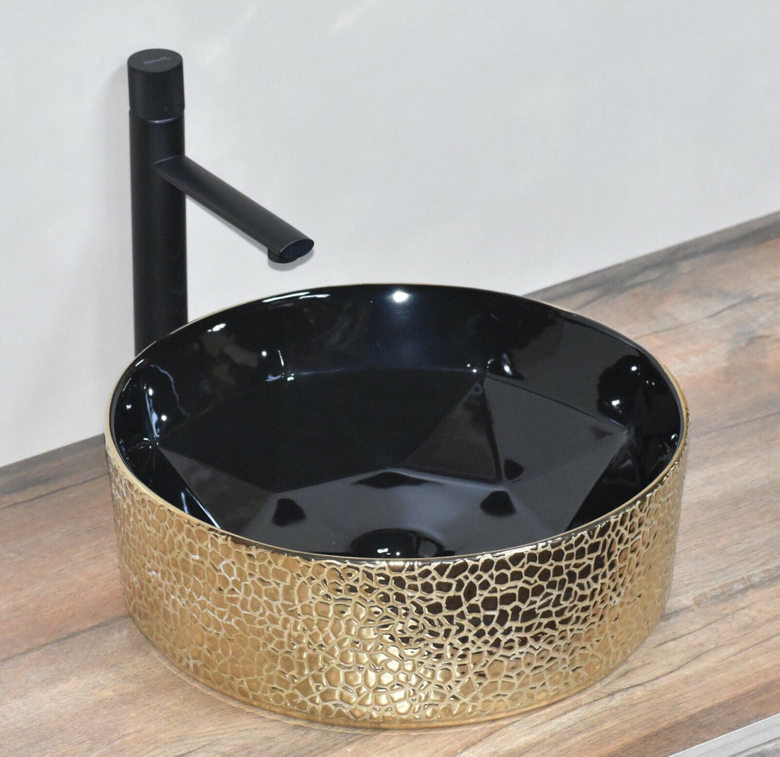 InArt Ceramic Round Shape Above Counter Top Wash Basin Bathroom Porcelain Vessel Sink Bowl For Lavatory/Bathroom 33 x 33 x 12 Cm Gold Black Color - InArt-Studio-USA