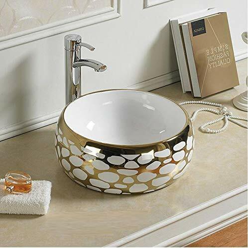 InArt Ceramic Round Shape Above Counter Top Wash Basin Bathroom Porcelain Vessel Sink Bowl For Lavatory/Bathroom 40 x 40 x 16 Cm (Gold White) - InArt-Studio-USA