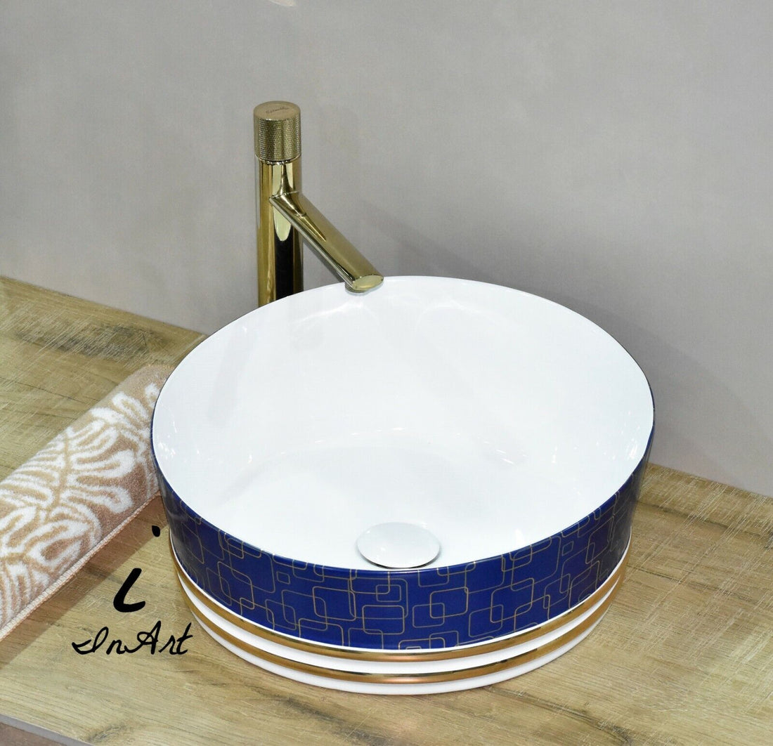 InArt Ceramic Round Shape Above Counter Top Wash Basin Bathroom Porcelain Vessel Sink Bowl For Lavatory/Bathroom 41 x 41 x 18 Cm (Blue White) - InArt-Studio-USA