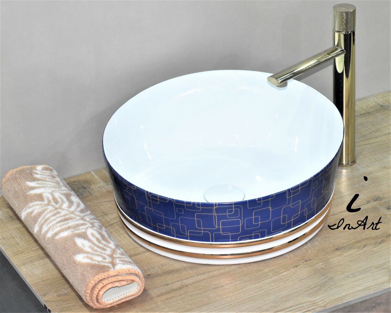 InArt Ceramic Round Shape Above Counter Top Wash Basin Bathroom Porcelain Vessel Sink Bowl For Lavatory/Bathroom 41 x 41 x 18 Cm (Blue White) - InArt-Studio-USA