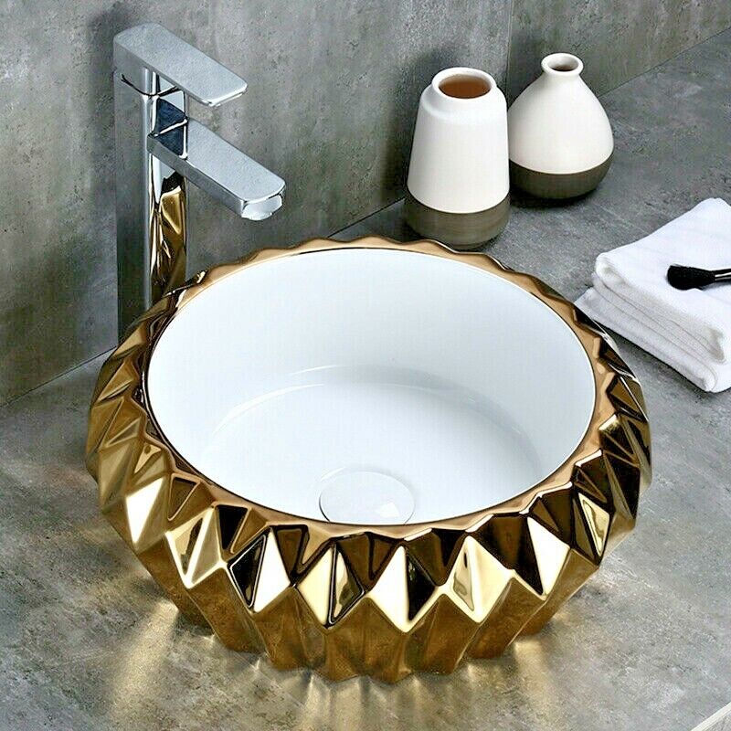 InArt Ceramic Round Shape Above Counter Top Wash Basin Bathroom Porcelain Vessel Sink Bowl For Lavatory/Bathroom 42 x 42 x 15.5 Cm (Gold White) - InArt-Studio-USA